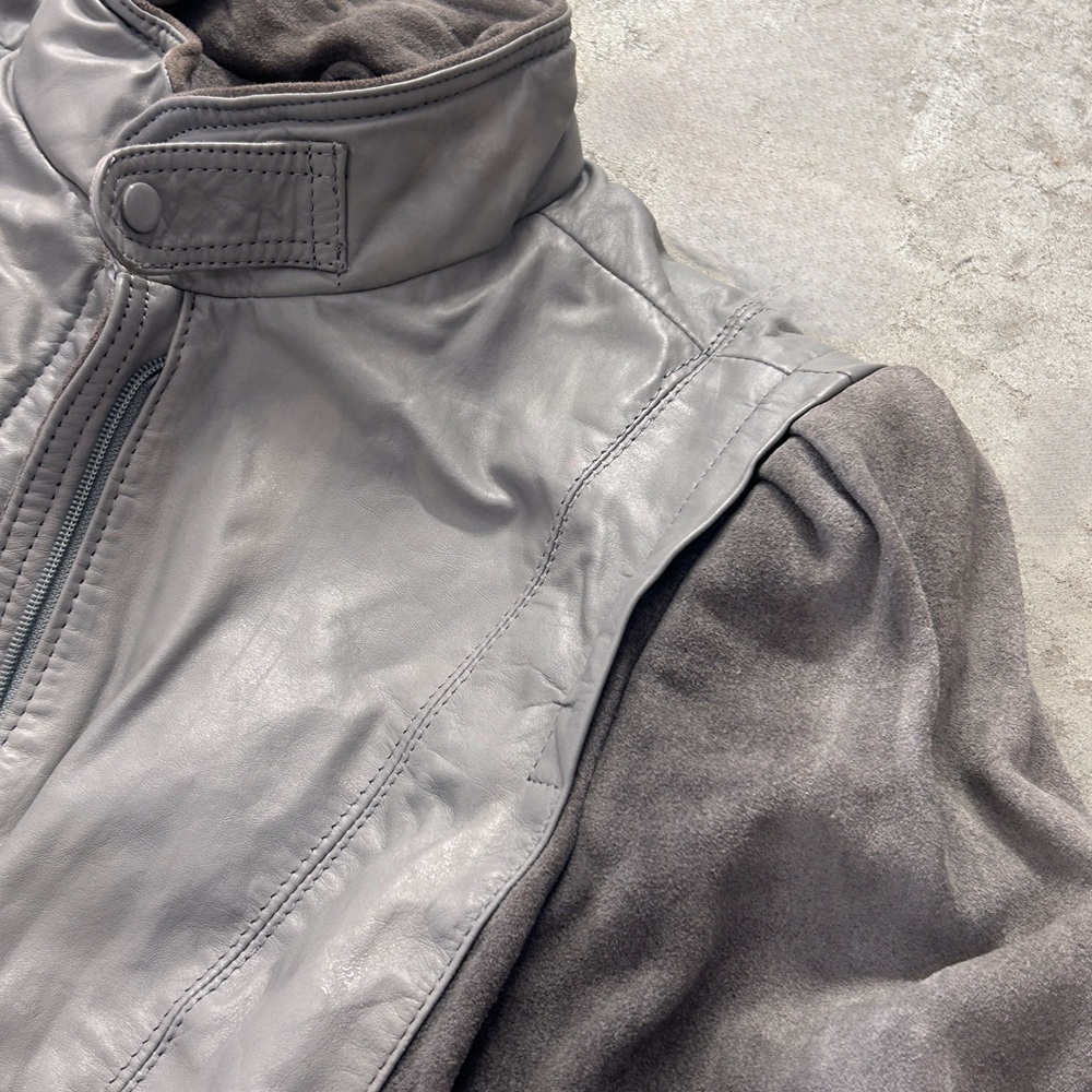 Gray Leather Jacket with Stand-Up Collar and Full-Length Zipper - Picture 3 of 11